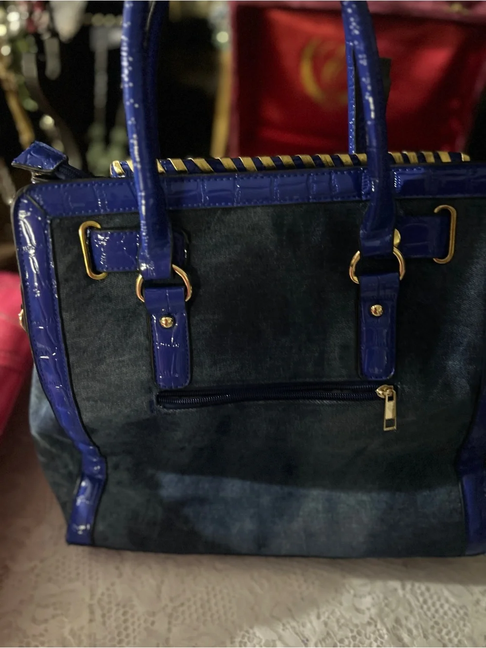 Blue & Black Designer-Style Satchel Handbag – Gold Tone Hardware – Unbranded